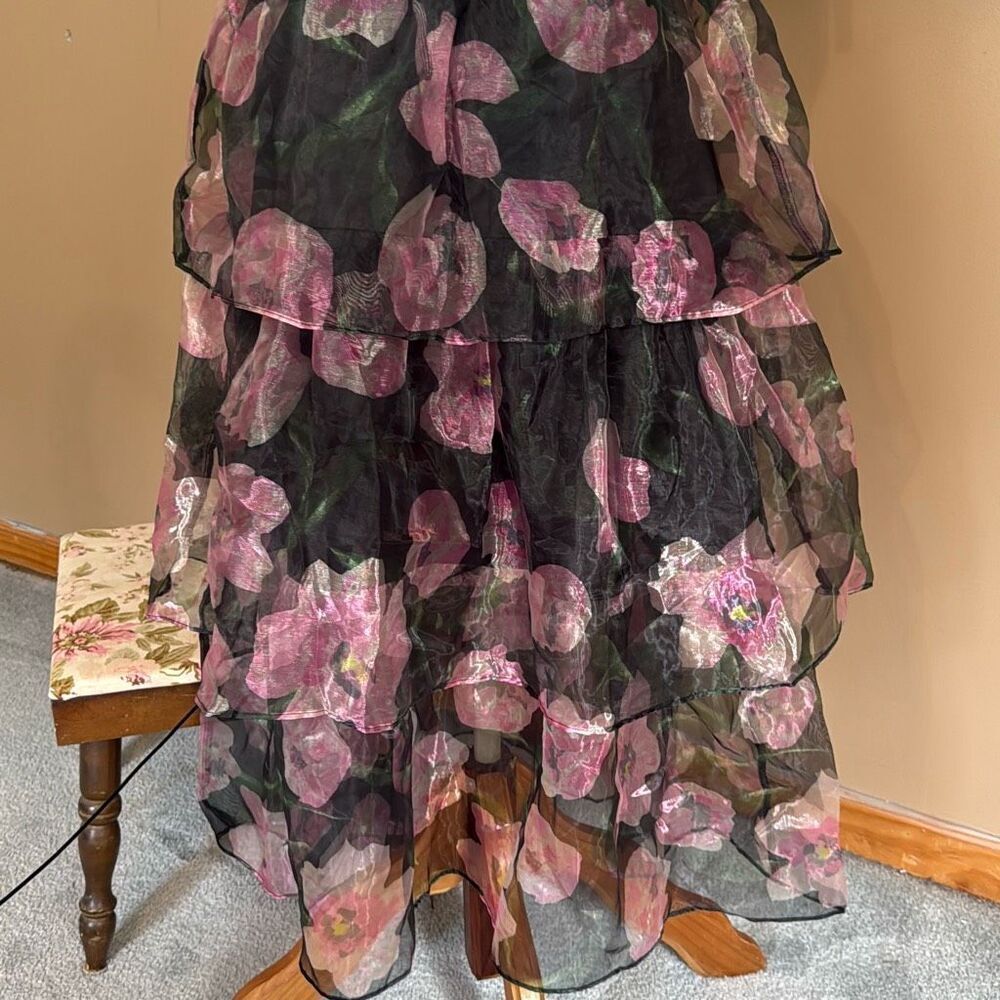 Lulus tiered black floral midi dress size large tie straps whimsigoth fairy dark - Picture 3 of 12
